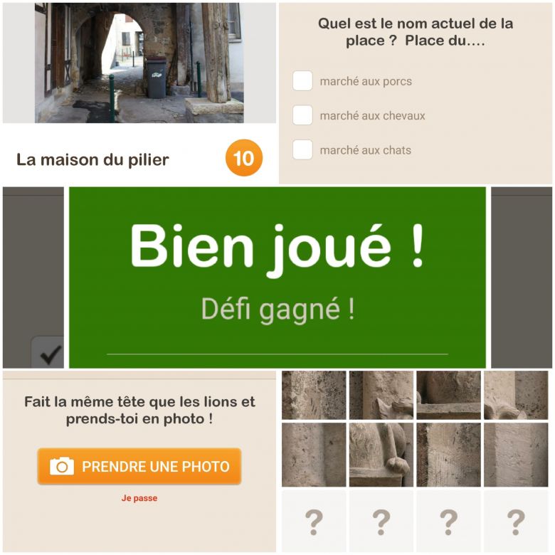 Captures d'écran du circuit "A la recherche du chat de la mère Michel" édité par l'office du tourisme de Sens sur l'application GuidiGo / © Office du tourisme de Sens / GuidiGo