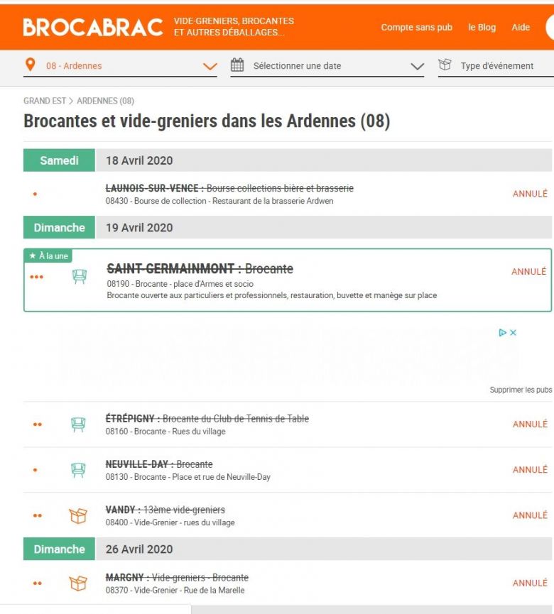 Agenda des vide-greniers et brocantes disponibles sur le site Brocabrac / © capture image site Brocabrac