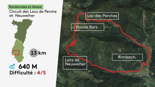 La carte de la randonnée entre les lacs du Neuweiher et des Perches.